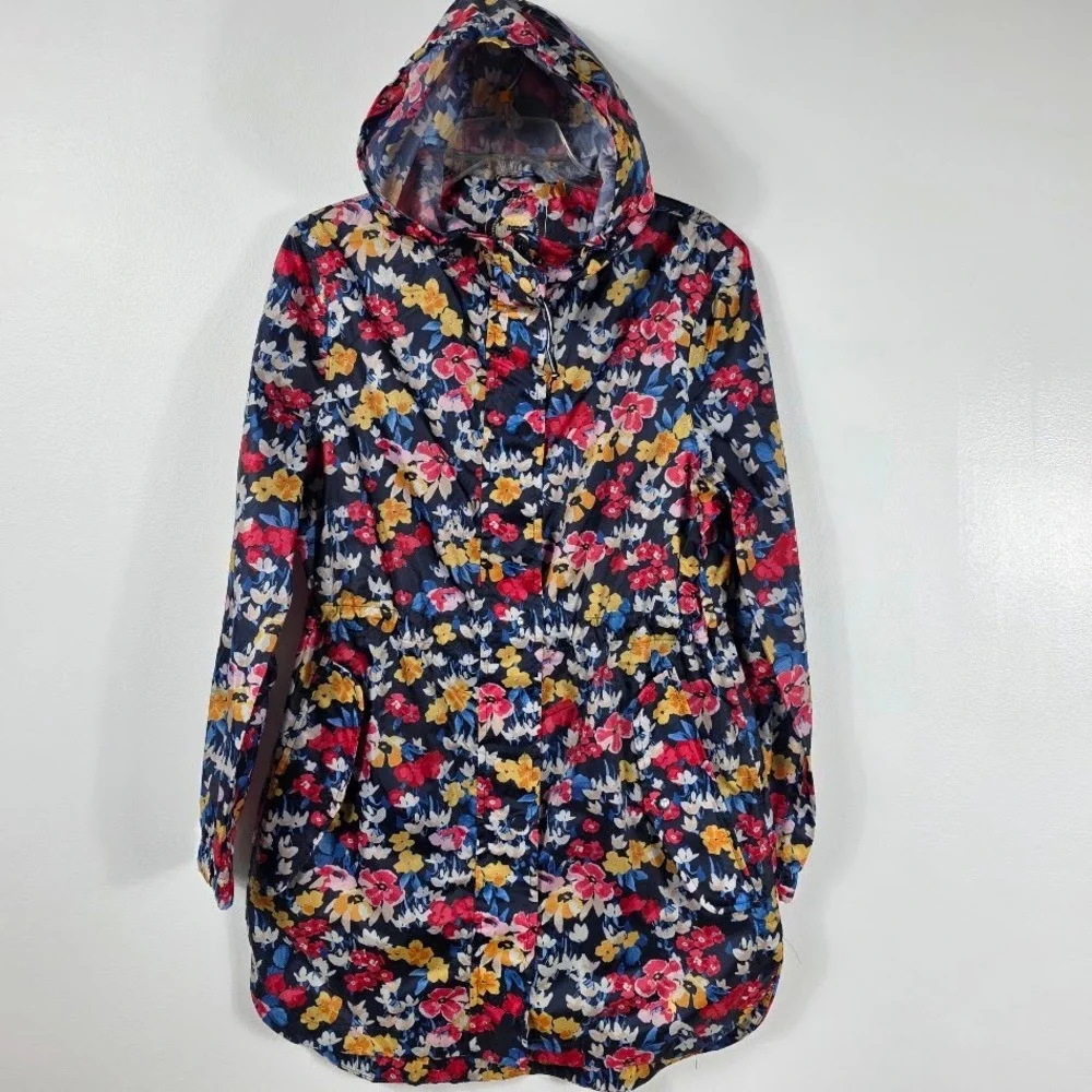 Jones Rain Jacket Women 6 Blue Floral Oversized Packable Waterproof Hooded - Picture 2 of 8